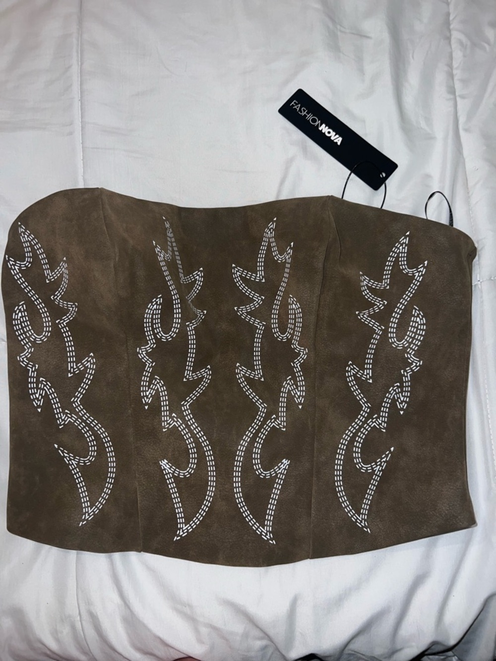 Fashion Nova Brown Suede Embroidered Strapless Crop Top